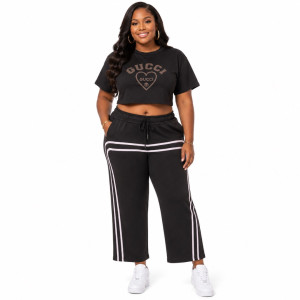 Two Piece Black Cropped Top and Wide Leg Pants Outfit